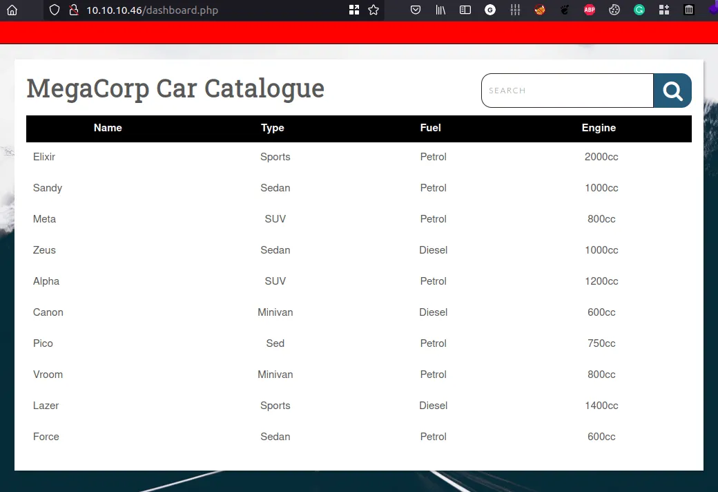 MegaCorp Car webpage