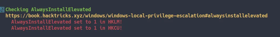 winPEAS output - AlwaysInstallElevated