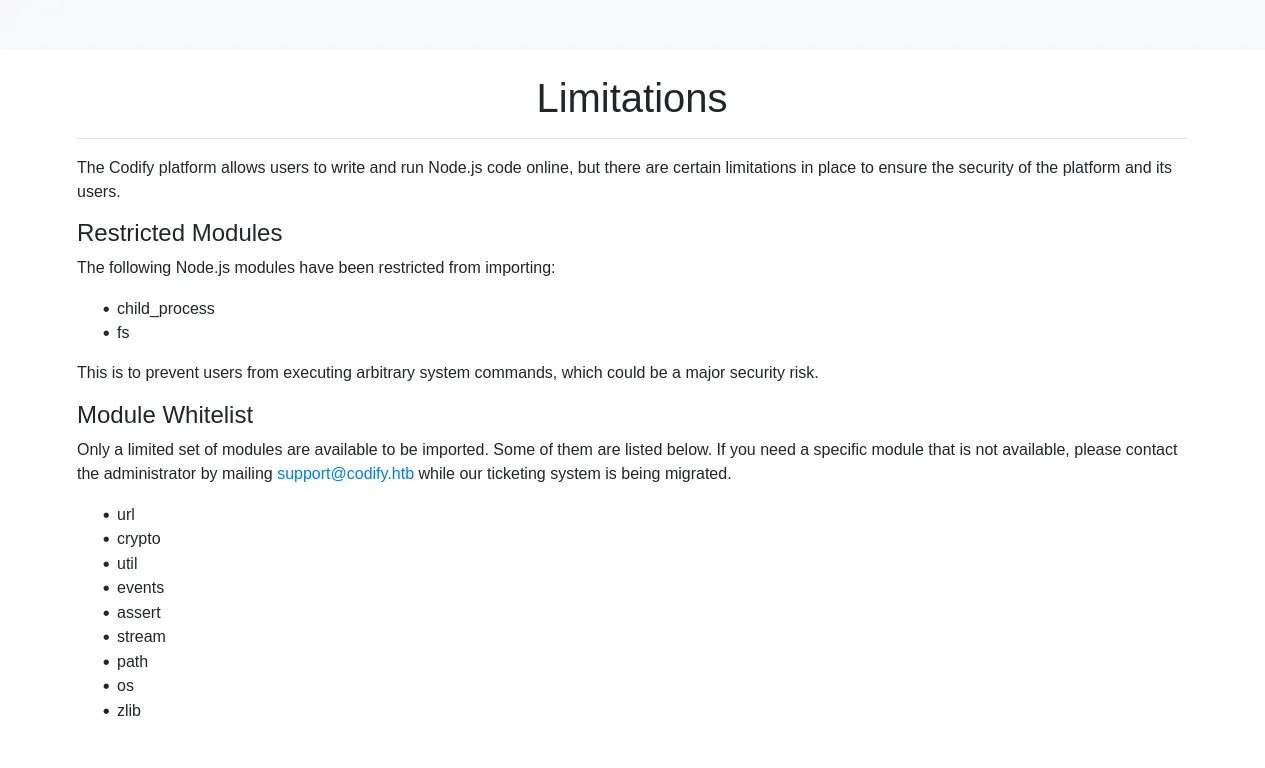 codify.htb limitations page