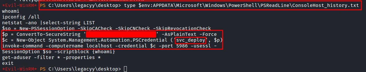 found credentials in powershell history