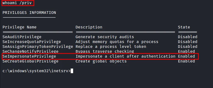 SeImpersonatePrivilege token enabled